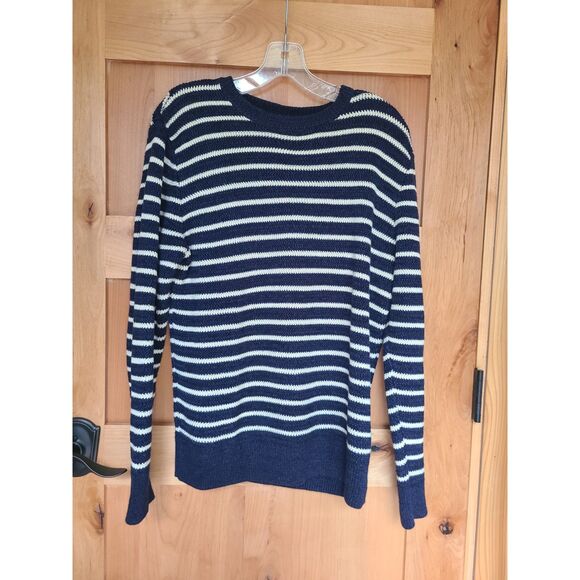 J Crew Linen Cotton Blue Breton Stripe French Sailor Sweater MEDIUM Nautical - Picture 2 of 7